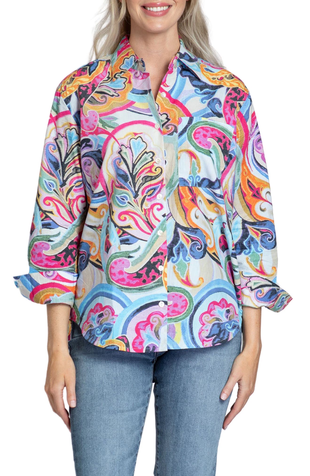 Oversize Feather Print Button-Up Shirt - image 5