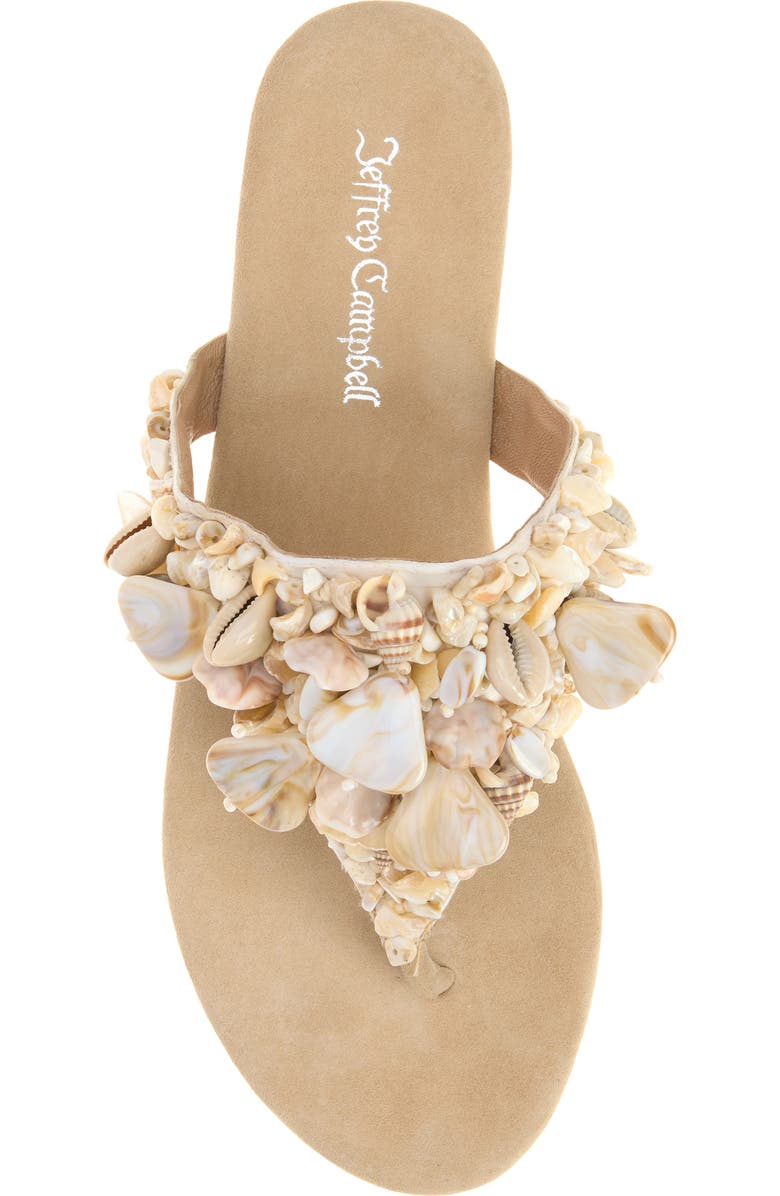 Jeffrey Campbell Tidal Wave Shell Embellished Thong Sandal, Alternate, color, Beige Suede Combo