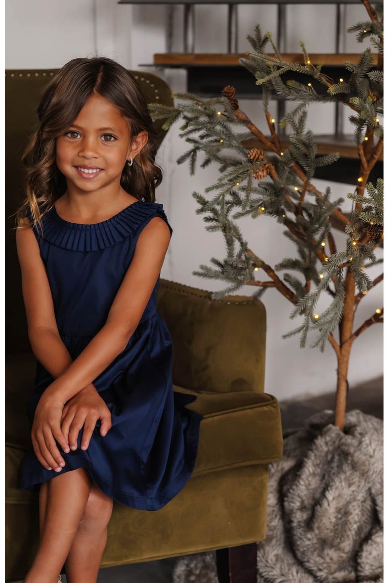 Girls' Pleated Collar Party Dress, Toddler, Alternate, color, Navy Sateen