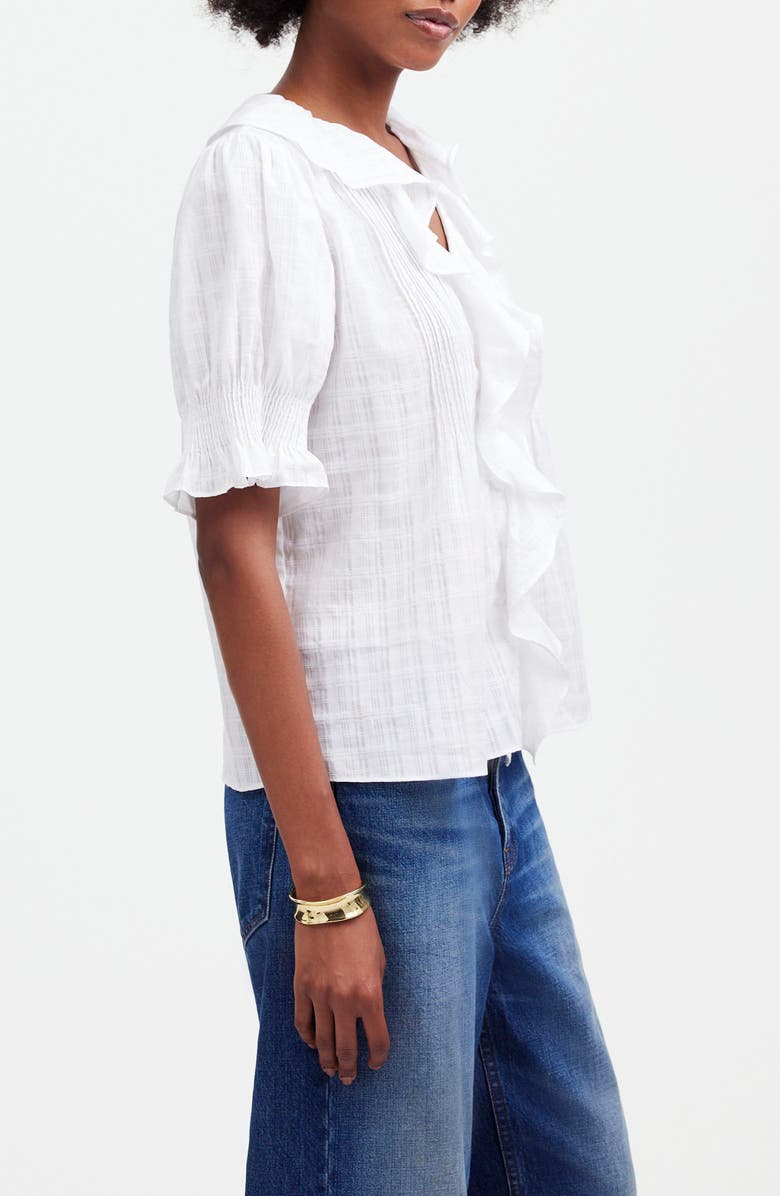 Madewell Windowpane Plaid Ruffle Puff Sleeve Top, Alternate, color, White