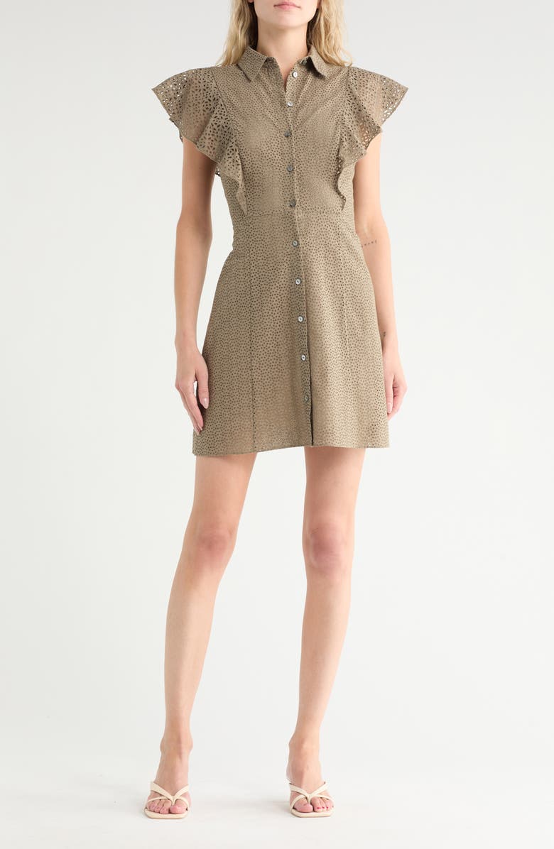 Theory Nova Ruffled Button Front Eyelet Minidress, Main, color, Willow