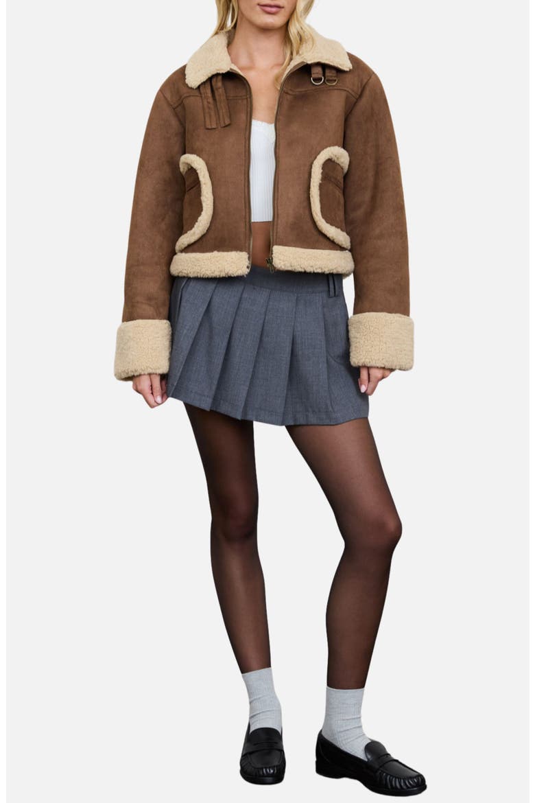 Faux Shearling Trim Faux Suede Jacket, Alternate, color, BROWN MULTI