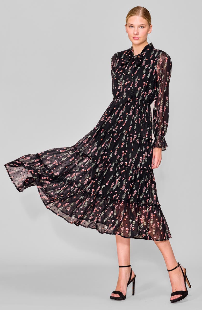 MELLODAY Tie Front Long Sleeve Tiered Midi Dress, Alternate, color, Black Floral