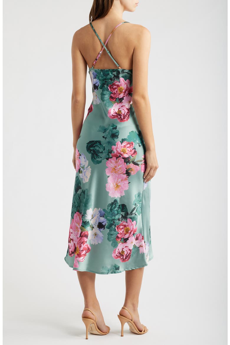 Floral Print Twist Front Satin Slipdress, Alternate, color, SAGE