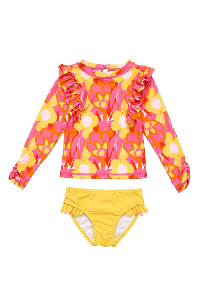 Snapper Rock Kids' Pop of Sunshine Ruffle One-Piece Rashguard Swimsuit, Main, color, 