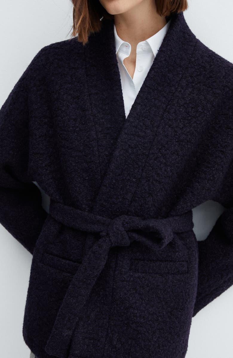 MANGO Tie Waist Coat, Alternate, color, Navy