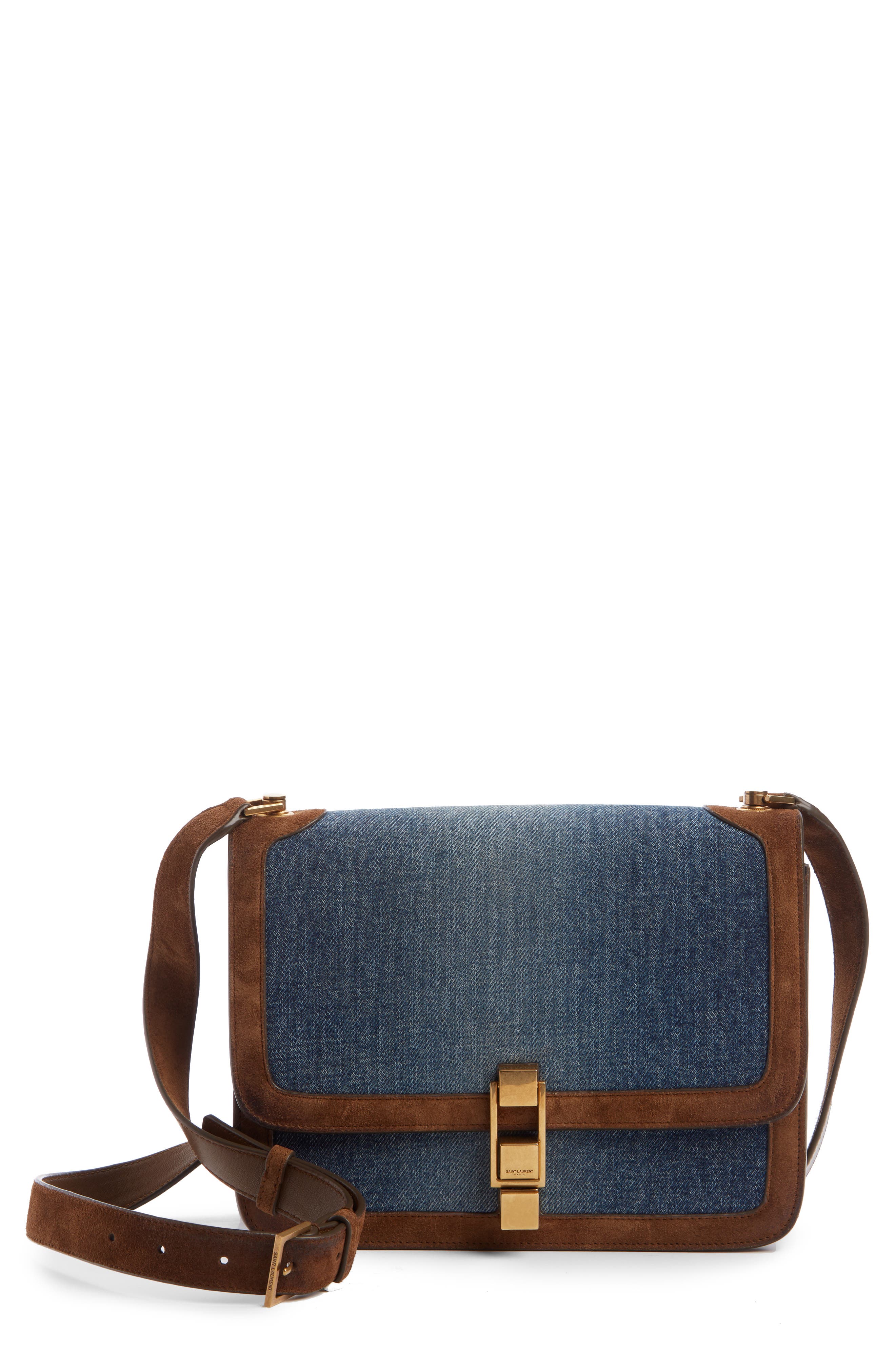 Saint Laurent Carre Denim & Suede Shoulder Bag, Main, color, 