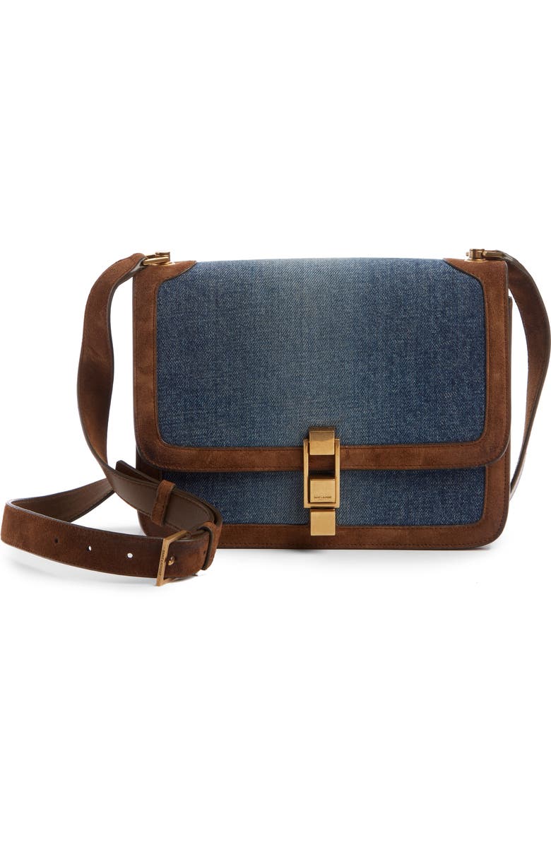 Saint Laurent Carre Denim & Suede Shoulder Bag, Main, color,