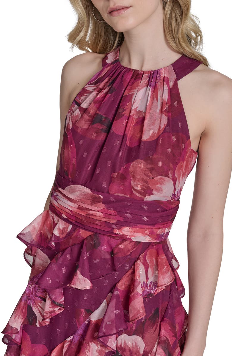 Eliza J Ruffle Metallic Clip Dot Sleeveless Maxi Dress, Alternate, color, Burgundy