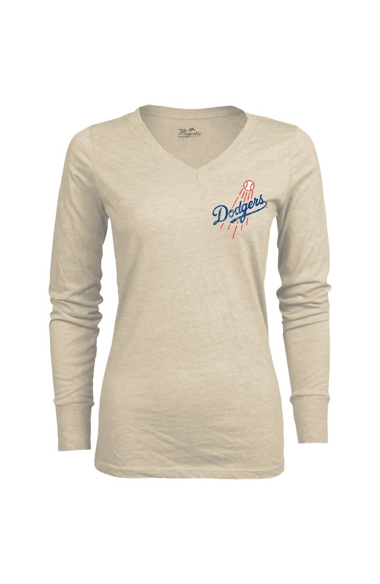 Majestic Threads Women's Majestic Threads Oatmeal Los Angeles Dodgers 2024 World Series Champions Tri-Blend Long Sleeve V-Neck T-Shirt, Alternate, color, 