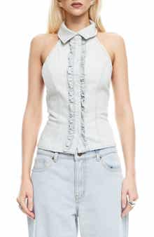 LIONESS Afterglow Ruffle Denim Halter Top