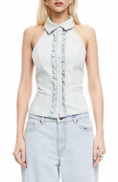 LIONESS Afterglow Ruffle Denim Halter Top