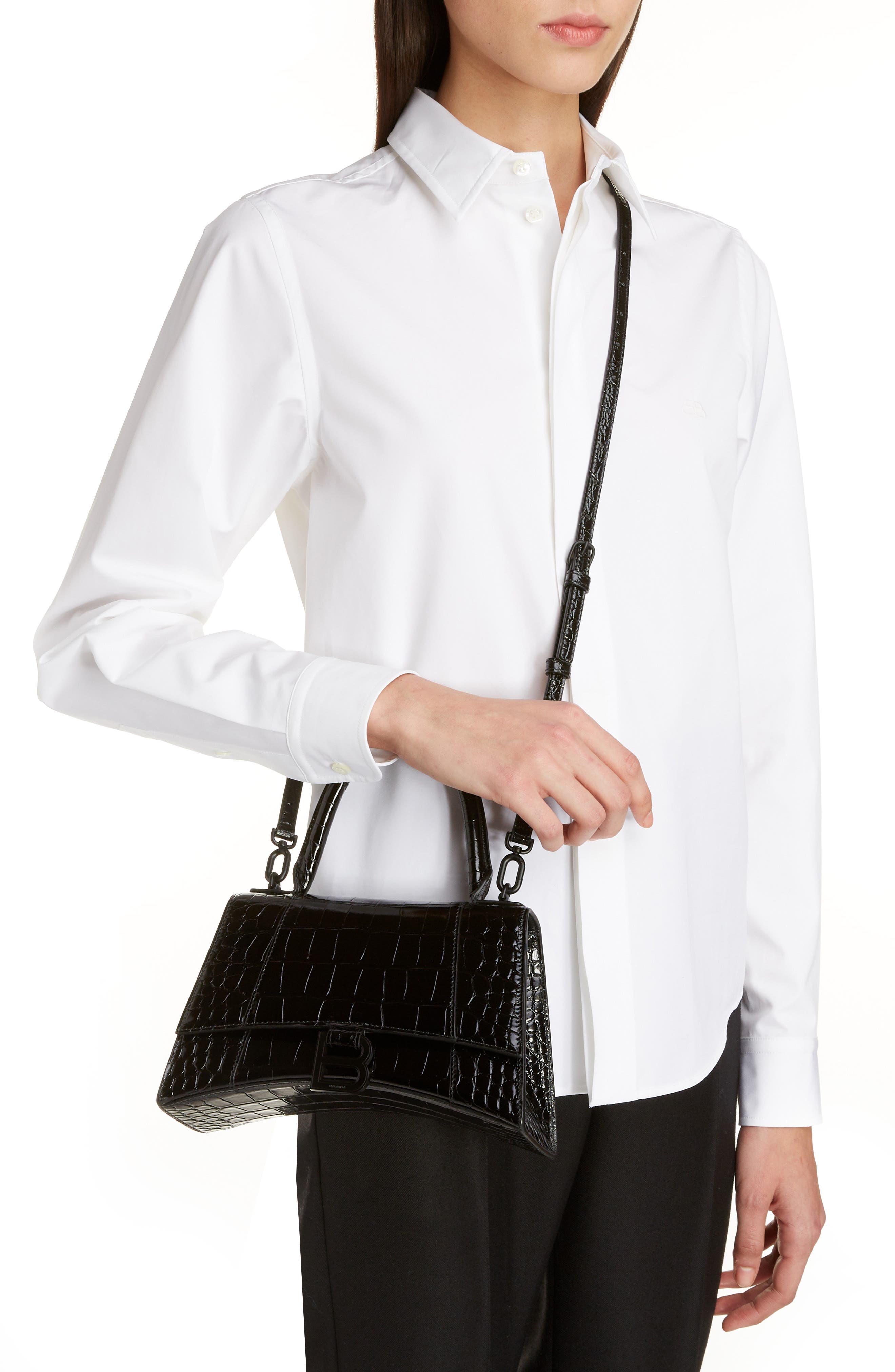 Balenciaga Extra Small Hourglass Croc Embossed Leather Top Handle Bag, Alternate, color, 