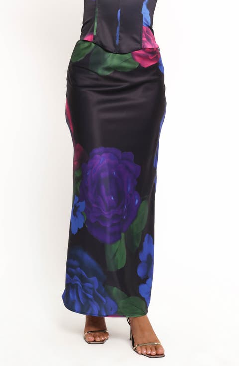 Rosalia Floral Print Satin Maxi Skirt