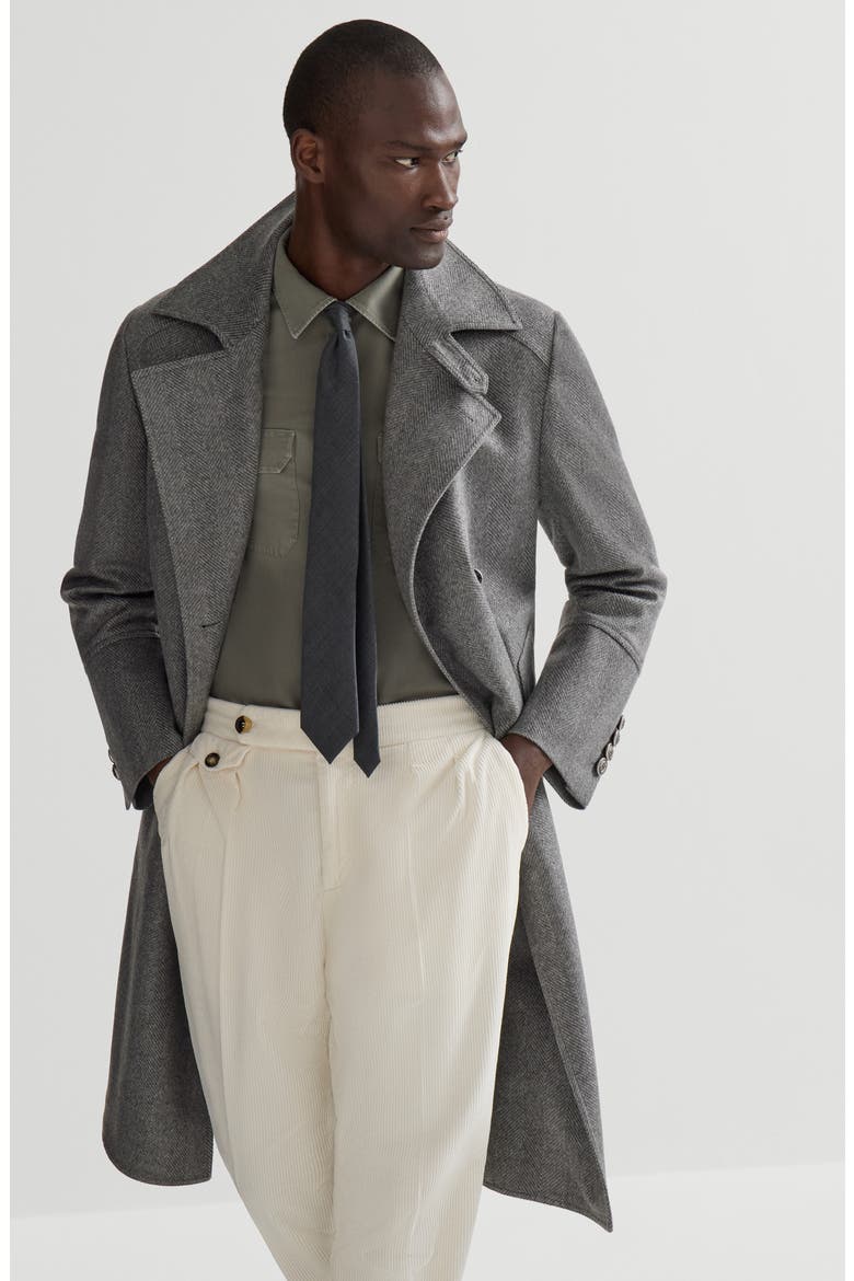Cashmere chevron flannel one-and-a half breasted coat with metal buttons, Alternate, color, Medium Grey