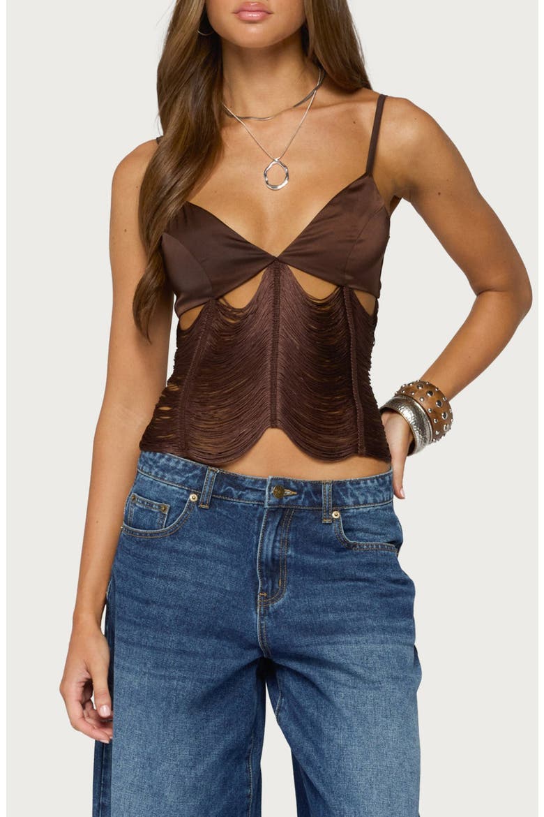 Dulcy Cutout Fringed Satin Camisole, Main, color, BROWN