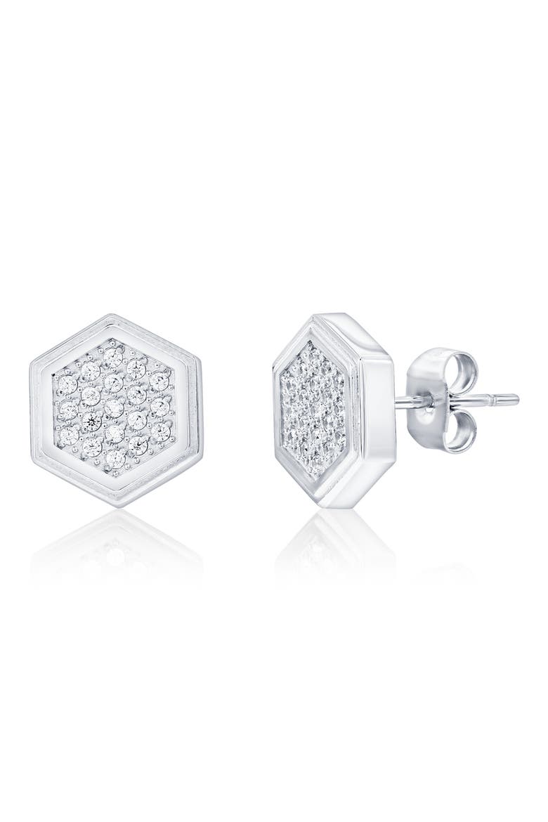 Men's Cubic Zirconia Hexagon Stud Earrings, Main, color, SILVER