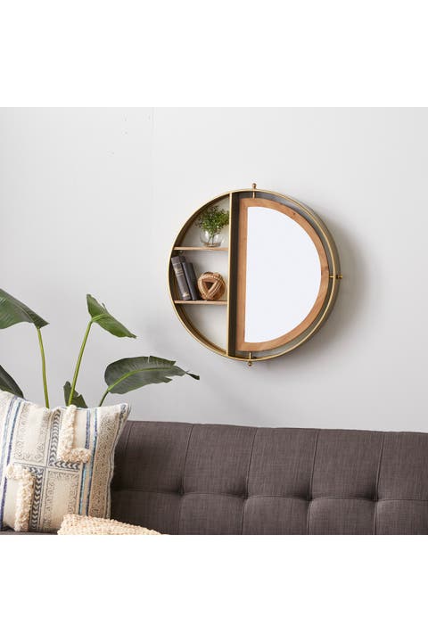 Goldtone Metal Contemporary Wall Shelf with Half Moon Shaped Mirror