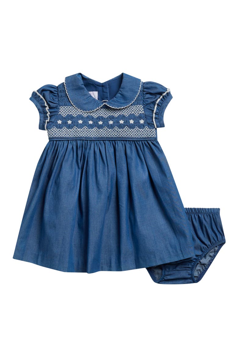 Smocked Cotton Denim Dress with Bloomers, Main, color, BLU