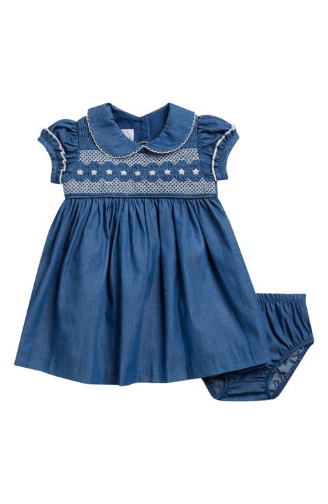 Smocked Cotton Denim Dress with Bloomers