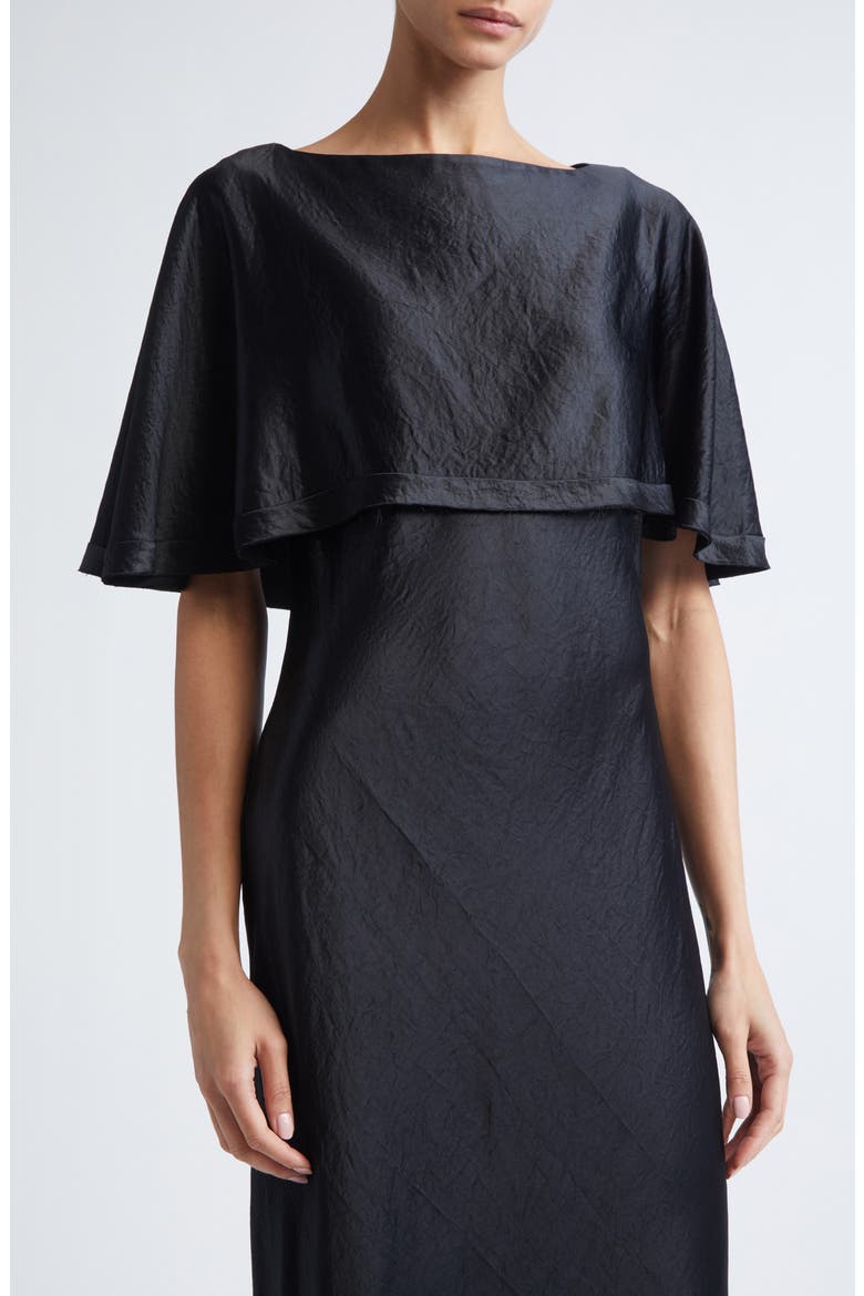 Cape Overlay Washed Twill Gown, Alternate, color, BLACK