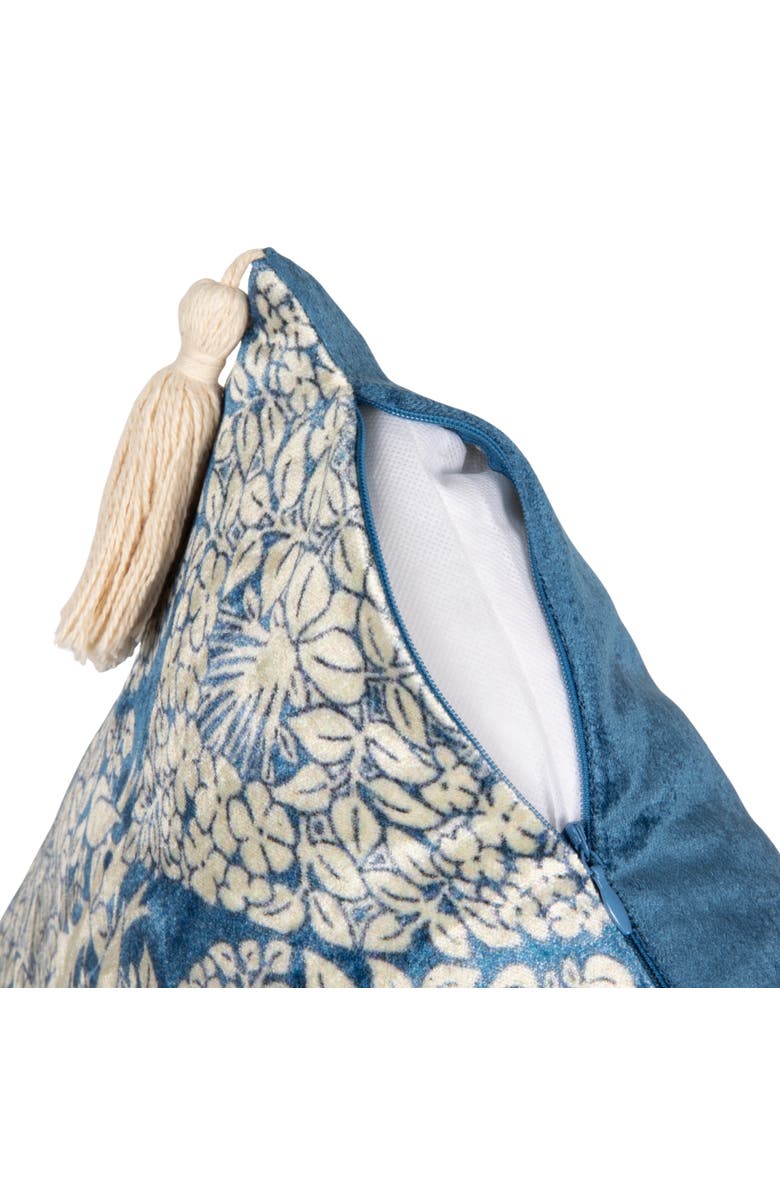 Storied Home Cotton Blend Velvet Printed Pillow with Pattern and Tassels, Blue and Cream Color, Alternate, color, Blue