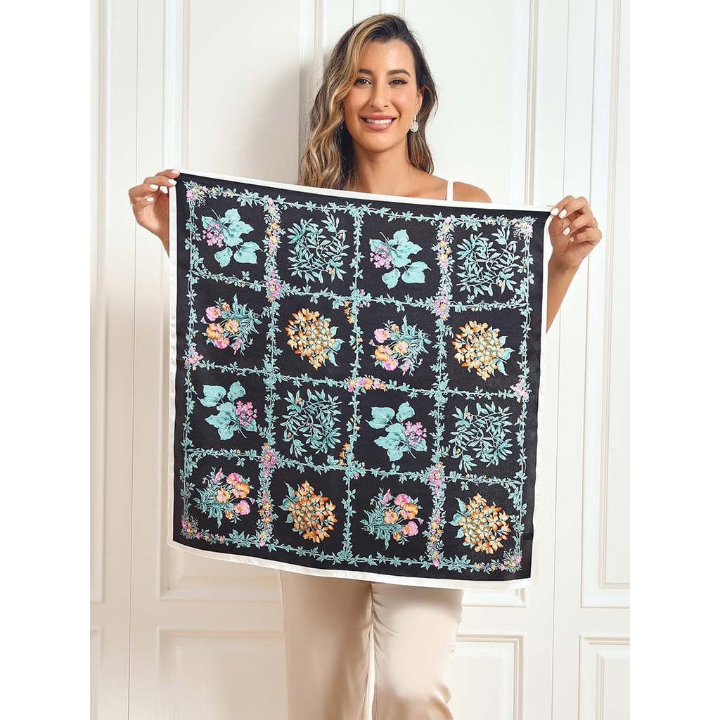 Silksilky Pure Silk Floral Pattern Square Scarf In Black