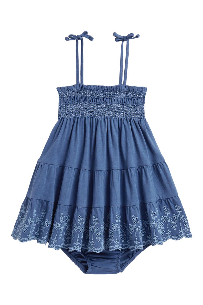 Embroidered Smocked Cotton Jersey Sundress with Bloomers, Main, color, EARTH BLUE