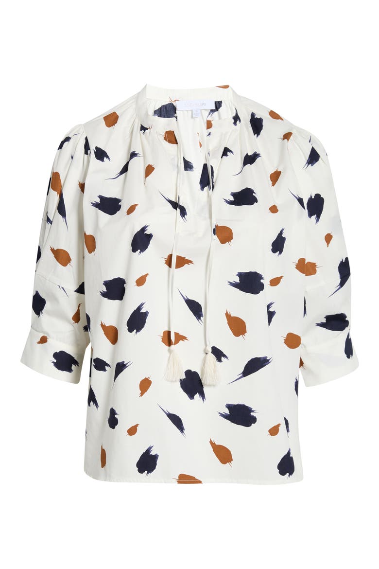 Devania Brush Irina Tie Split Neck Top, Alternate, color, IVORY/ NAVY-MULTI