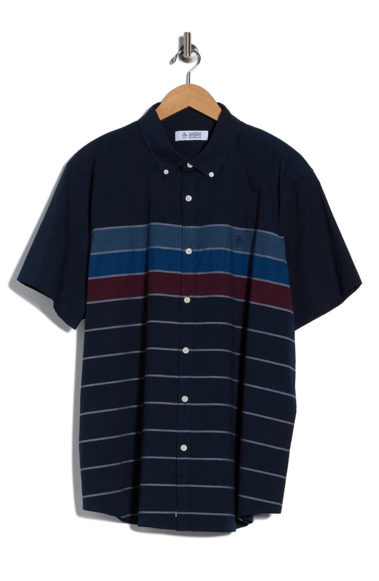 Original Penguin Short Sleeve Stretch Poplin Button-Up Shirt, Alternate, color, Dark Sapphire