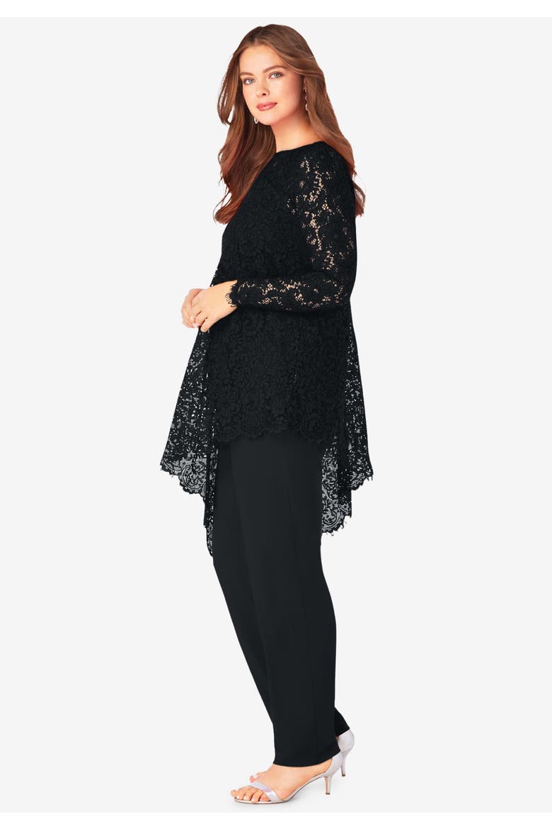 Plus Size Asymmetrical Lace Pant Set  Long Sleeve Lace Scalloped Tunic & Elastic Waist Pants, Alternate, color, DESERT CORAL