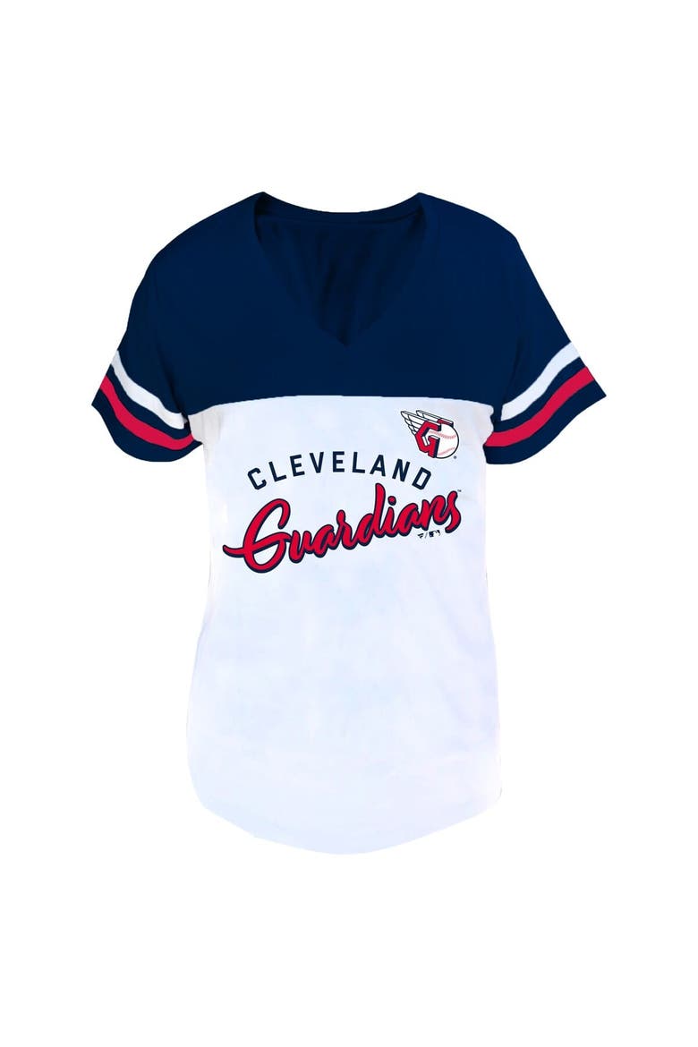 Women's Profile White/Navy Cleveland Guardians Plus Size Two-Stripe V-Neck T-Shirt, Alternate, color, White