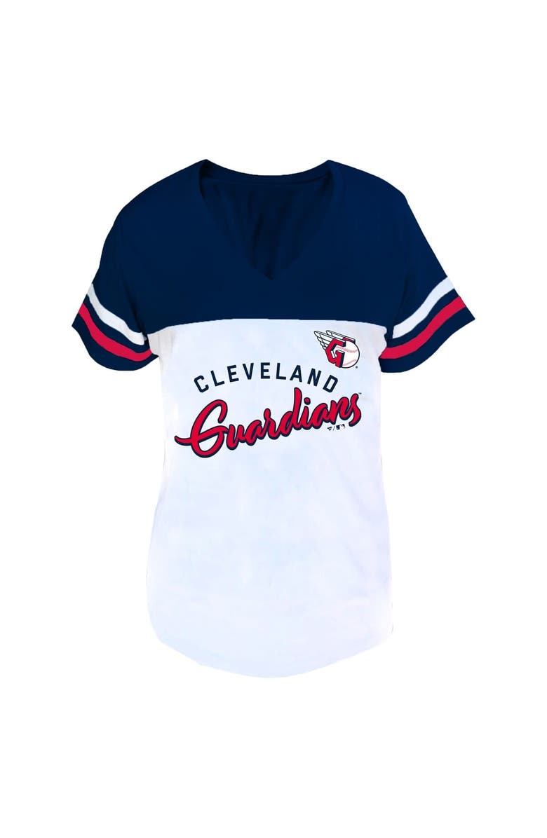 FANATICS Women's Profile White/Navy Cleveland Guardians Plus Size Two-Stripe V-Neck T-Shirt, Alternate, color, White