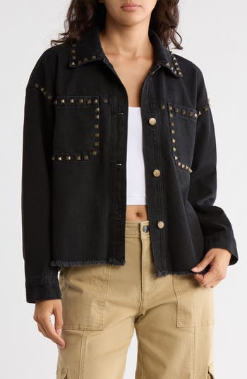 Vigoss Studded Trim Denim Shacket In Black