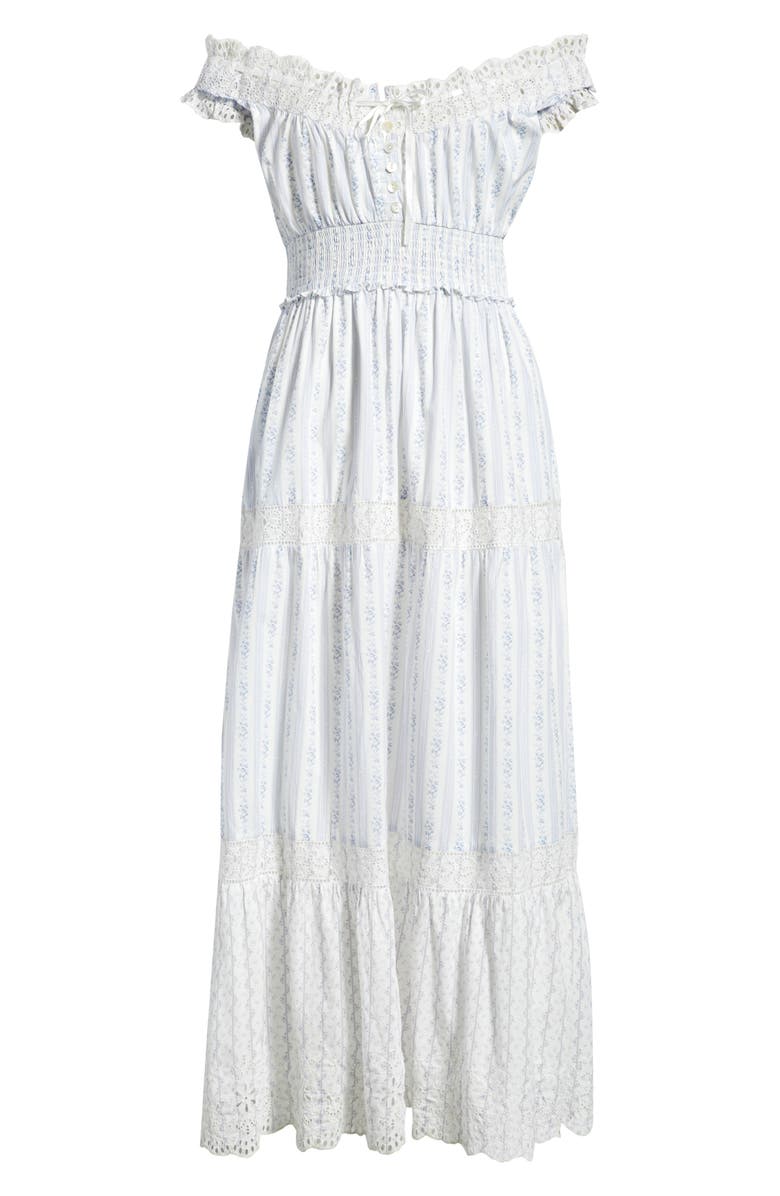 LoveShackFancy Emie Floral Smock Waist Cotton Dress, Alternate, color, Sky Bonnet Blue