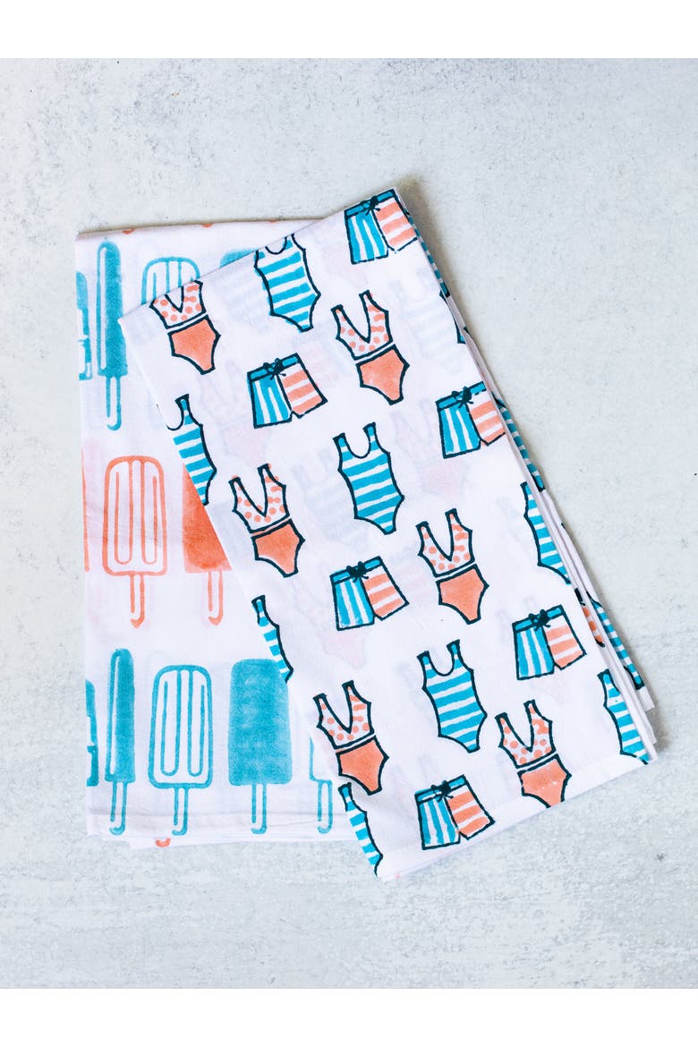 Tea Towel Set - Swimsuits & Popsicles, Alternate, color, Melon & Saltwater
