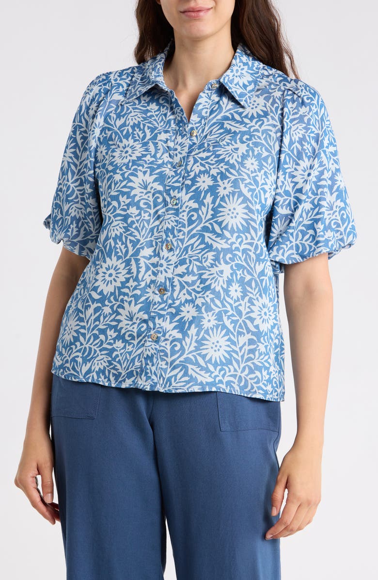 Nicole Miller Floral Puff Sleeve Button-Up Shirt, Main, color, Blue Steel Floral Print