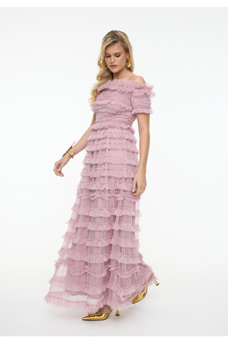Ruffle Off-Shoulder Mesh Maxi Dress, Alternate, color, FROSTED PINK