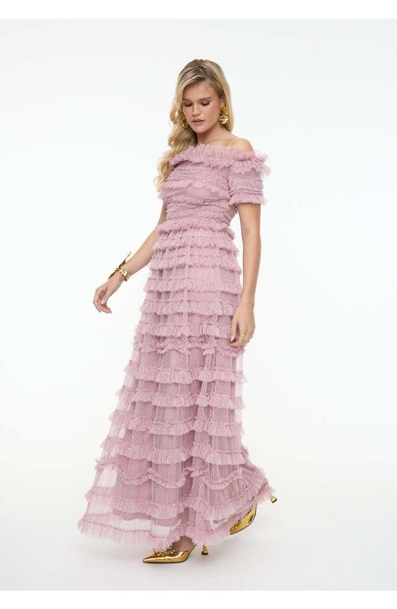 BEAUUT Ruffle Off-Shoulder Mesh Maxi Dress, Alternate, color, Frosted Pink
