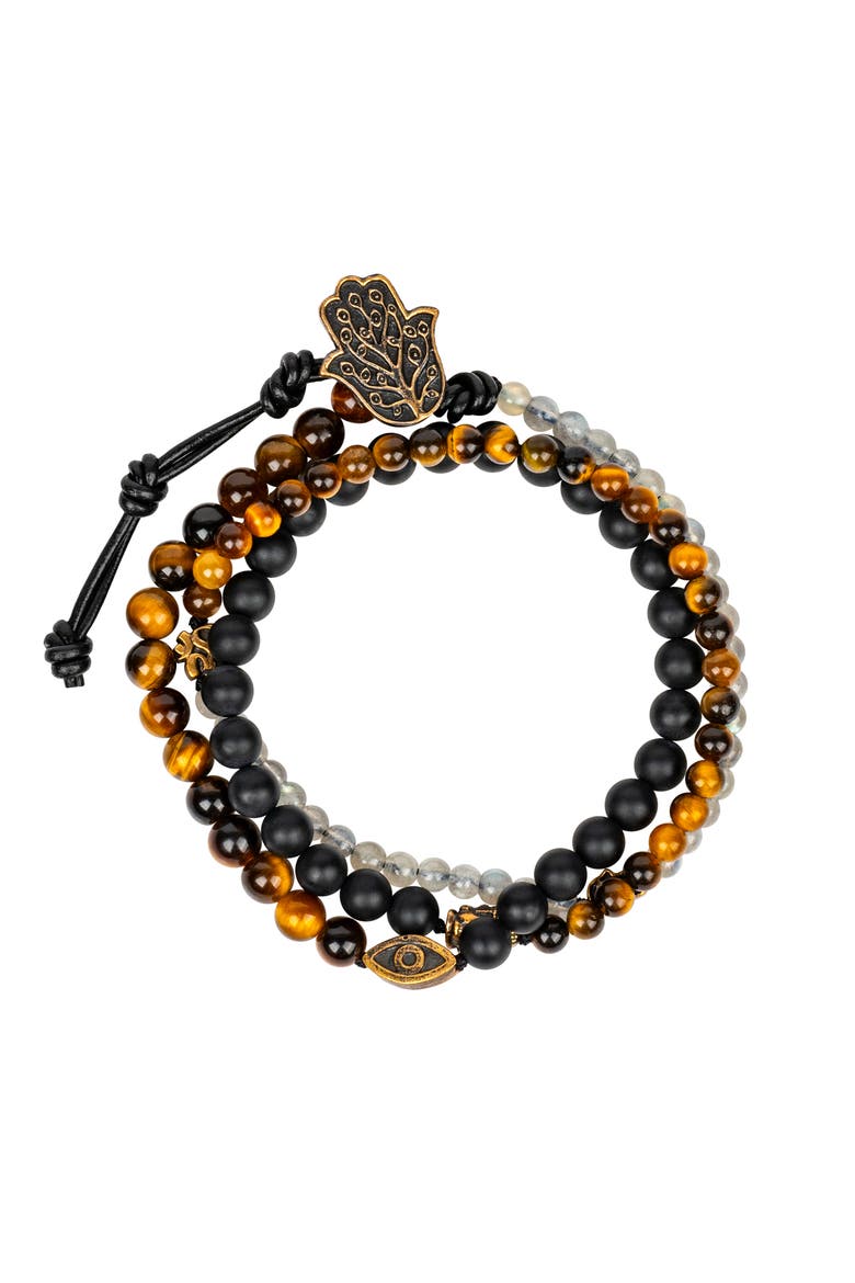 Men's Onyx Tiger’s Eye Labradorite Wrap Beaded Bracelet - Ultimate Prosperity, Main, color, Black/brown/light grey