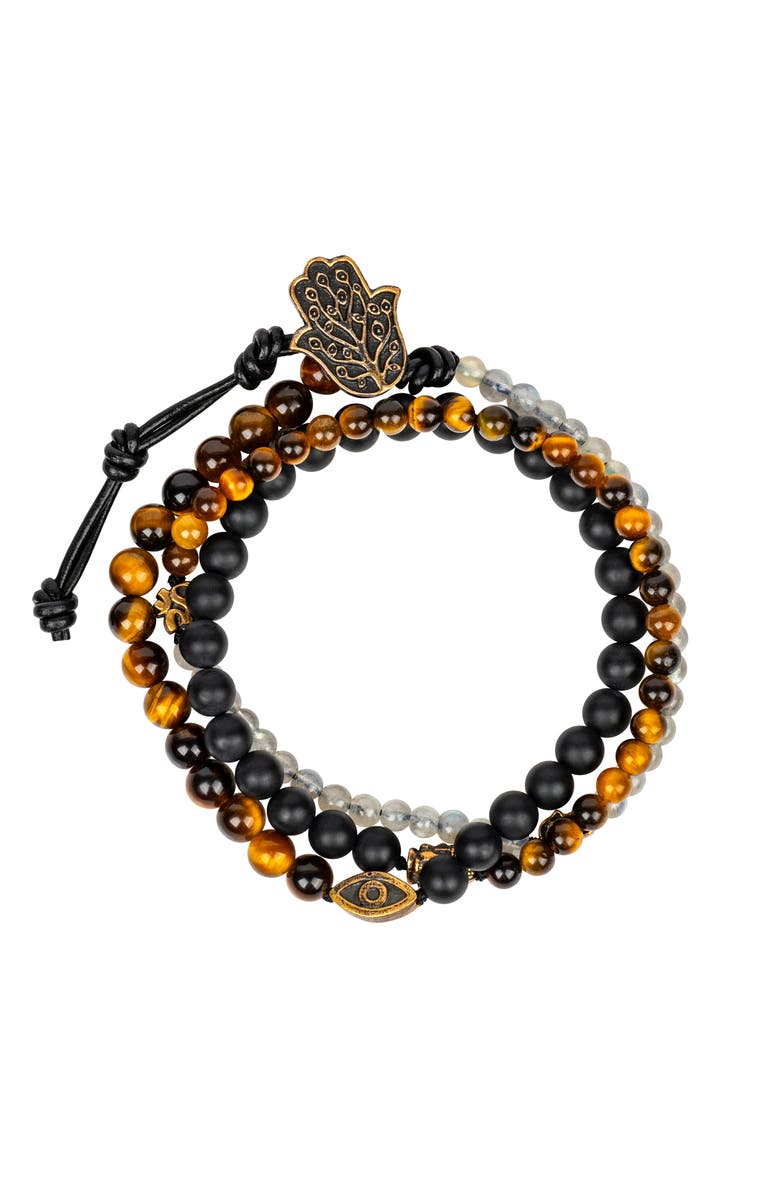 Karma and Luck Men's Onyx Tiger’s Eye Labradorite Wrap Beaded Bracelet Ultimate Prosperity, Main, color, Black/Brown/Light Grey