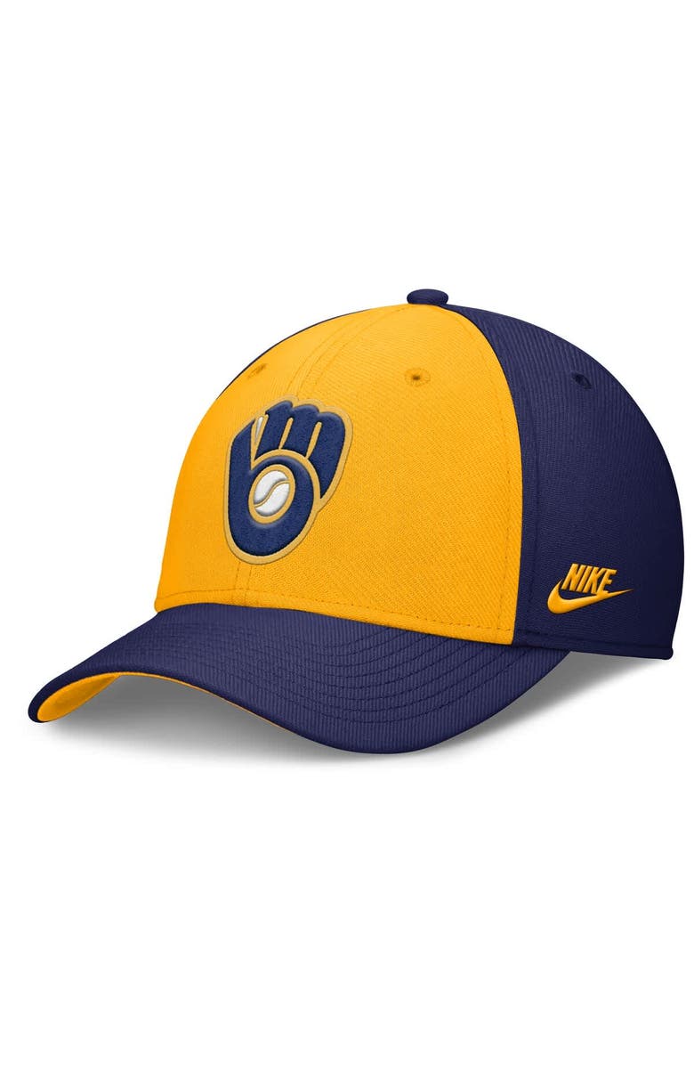Nike Men's Nike Navy/Gold Milwaukee Brewers Rise Swoosh Performance Flex Hat, Alternate, color, 