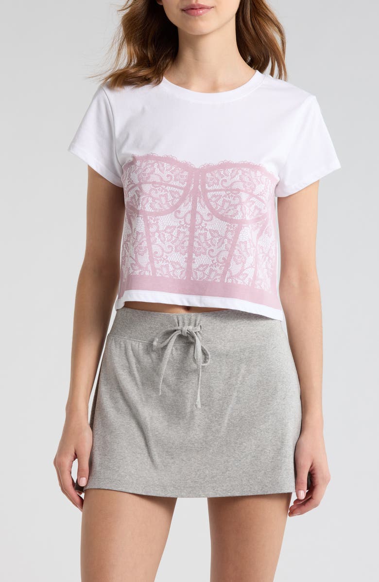 Florence by Mills Corset Graphic Crop Tee, Main, color, Bright White/Dawn Pink