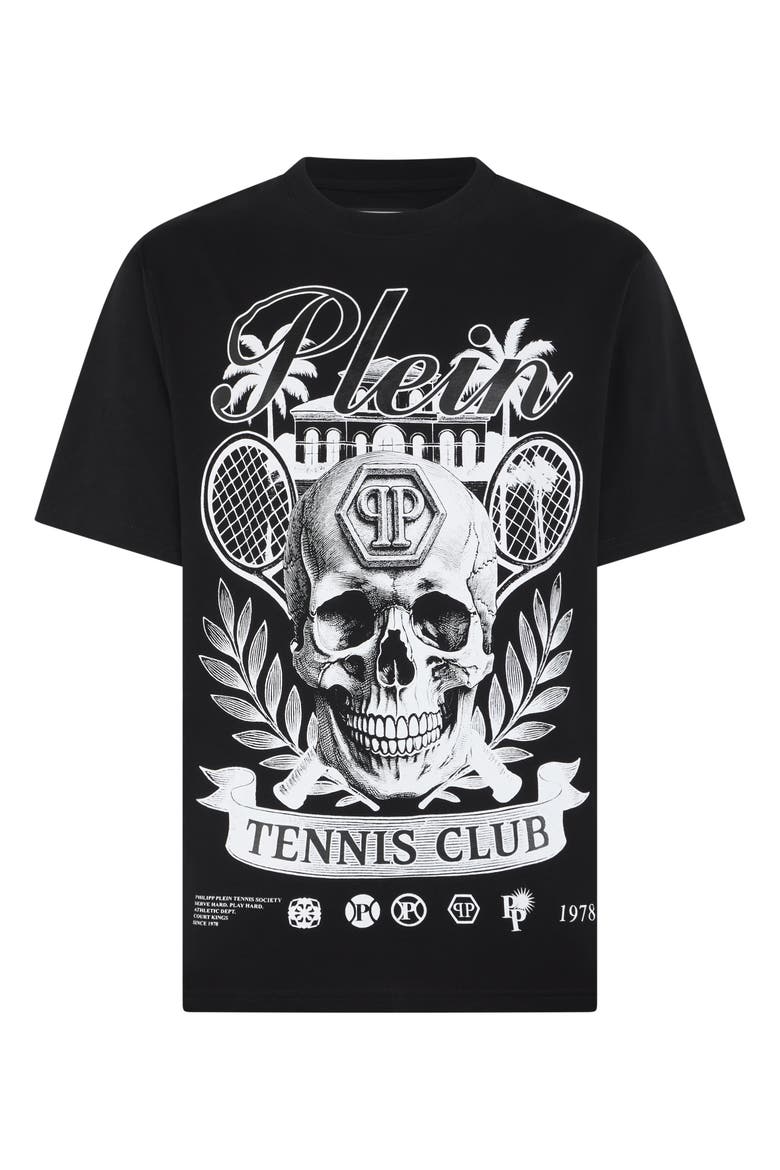 Round Neck T-Shirt Skull Tennis Club Men, Main, color, black