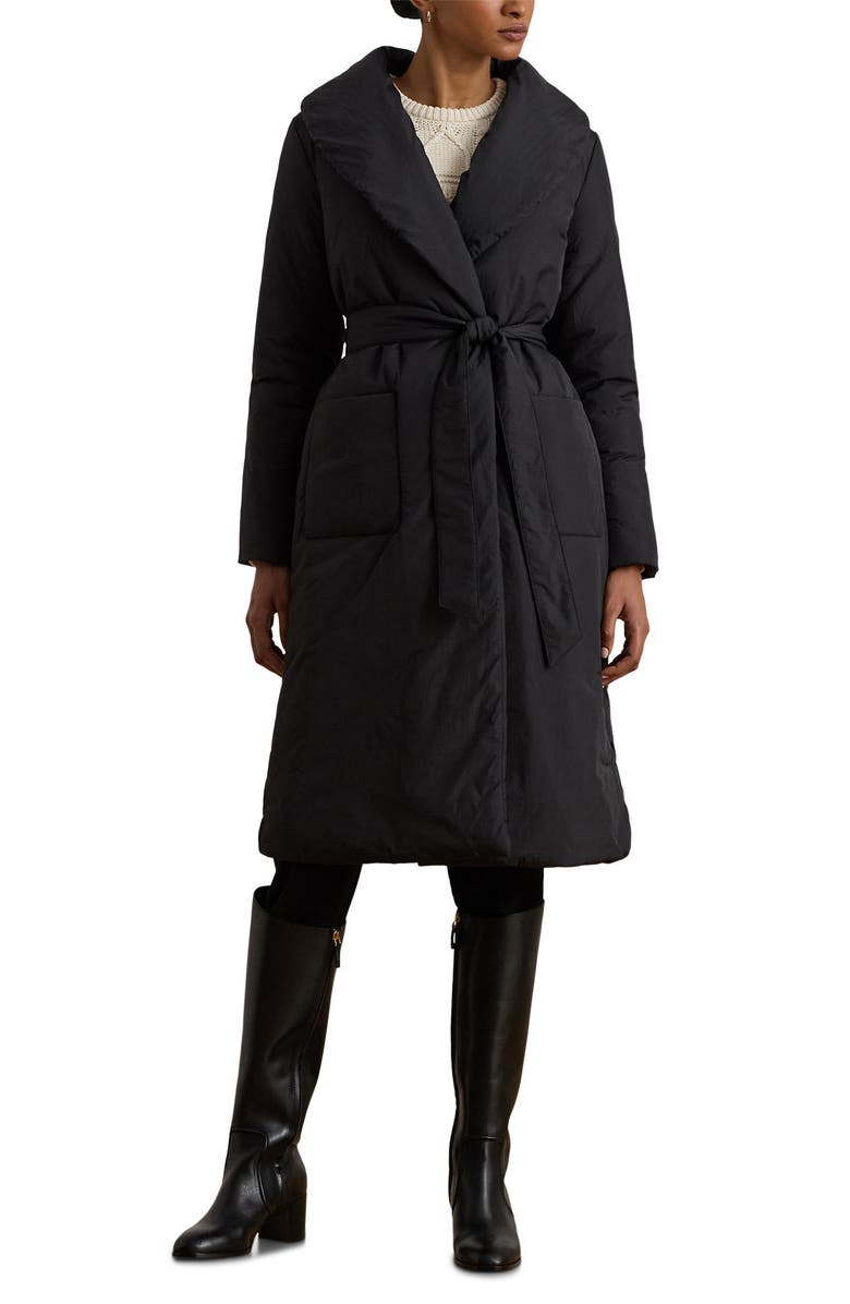 Lauren Ralph Lauren Puffer Long Wrap Jacket, Main, color, Black