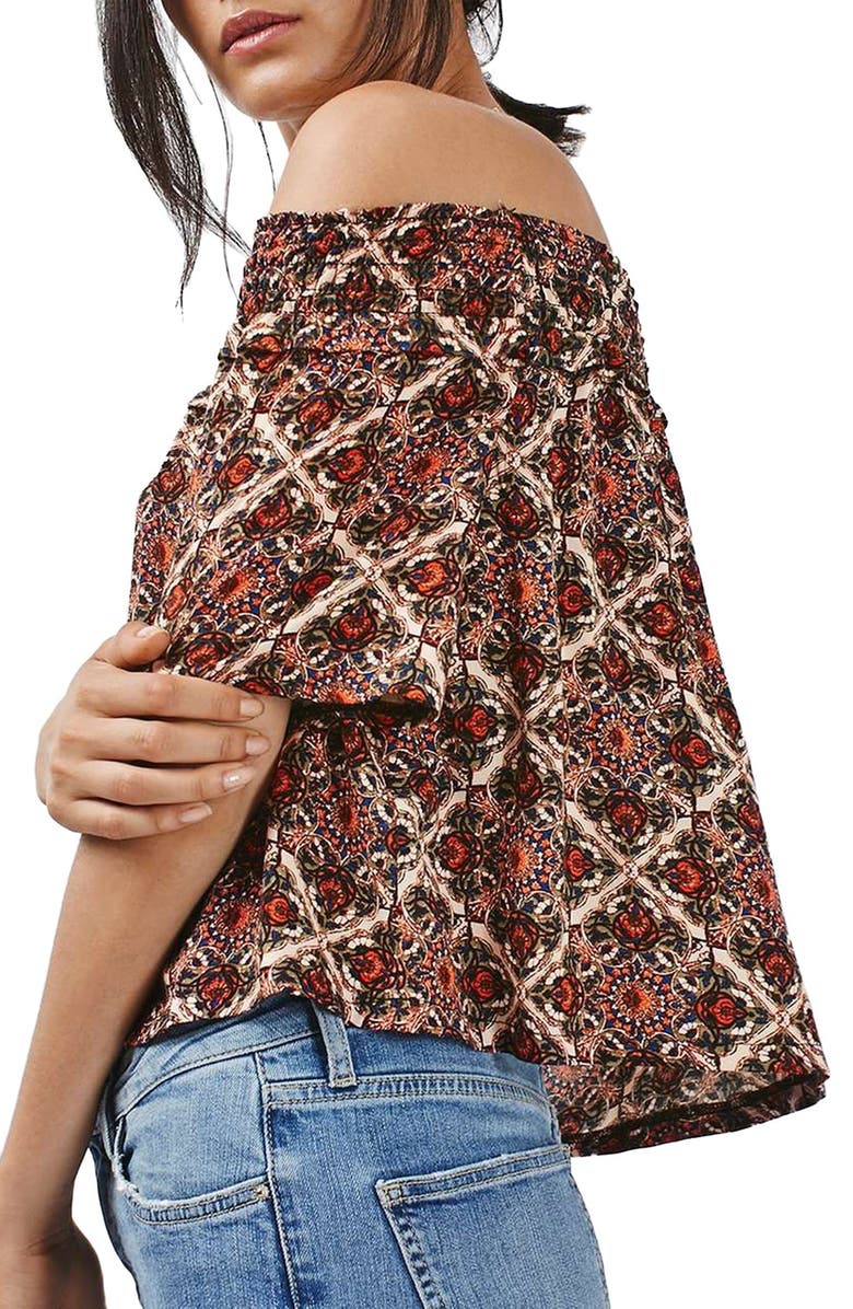 Topshop Scarf Print Off the Shoulder Top, Alternate, color,