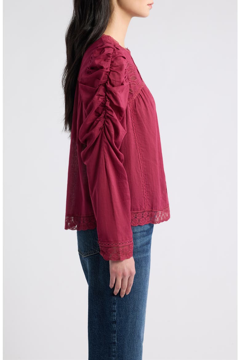 Puff Sleeve Lace Detail Cotton Top, Alternate, color, BURGUNDY