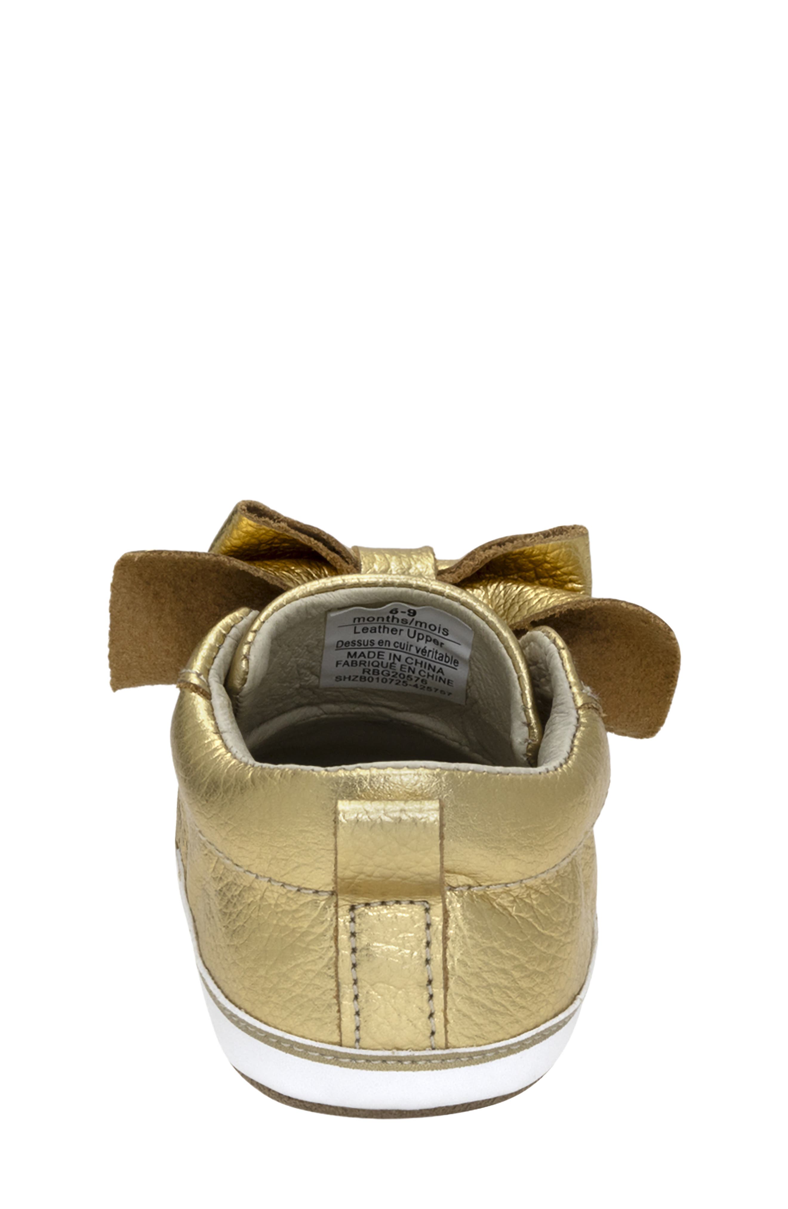 Robeez<sup>®</sup> Kids' Aria Metallic Bow Leather Crib Shoe, Alternate, color, Gold