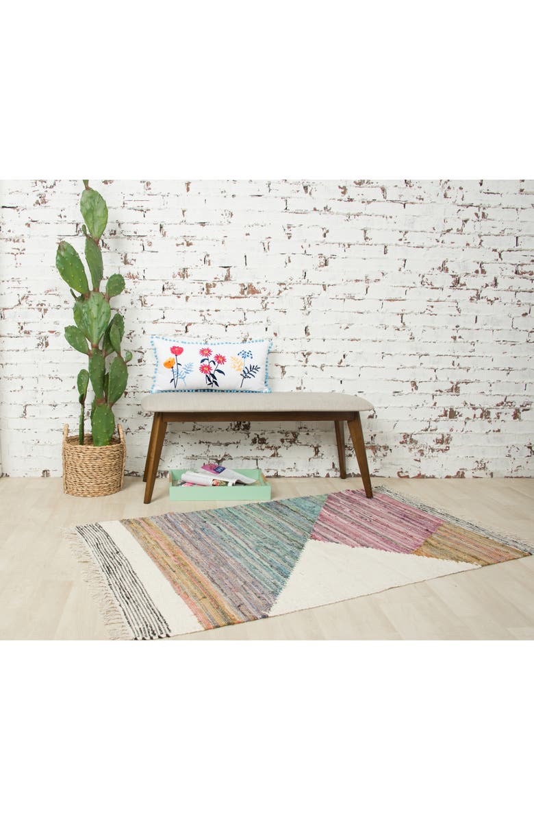 carol & frank Lola Boho Embroidered Floral Cotton Decor Throw Pillow, 12" x 24" with Pom Pom Edges, Alternate, color, Blue