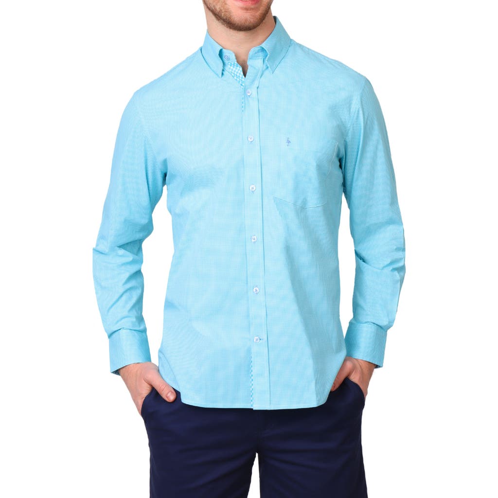 Tailorbyrd Micro Gingham Stretch Cotton Button-up Shirt In Aqua Pool